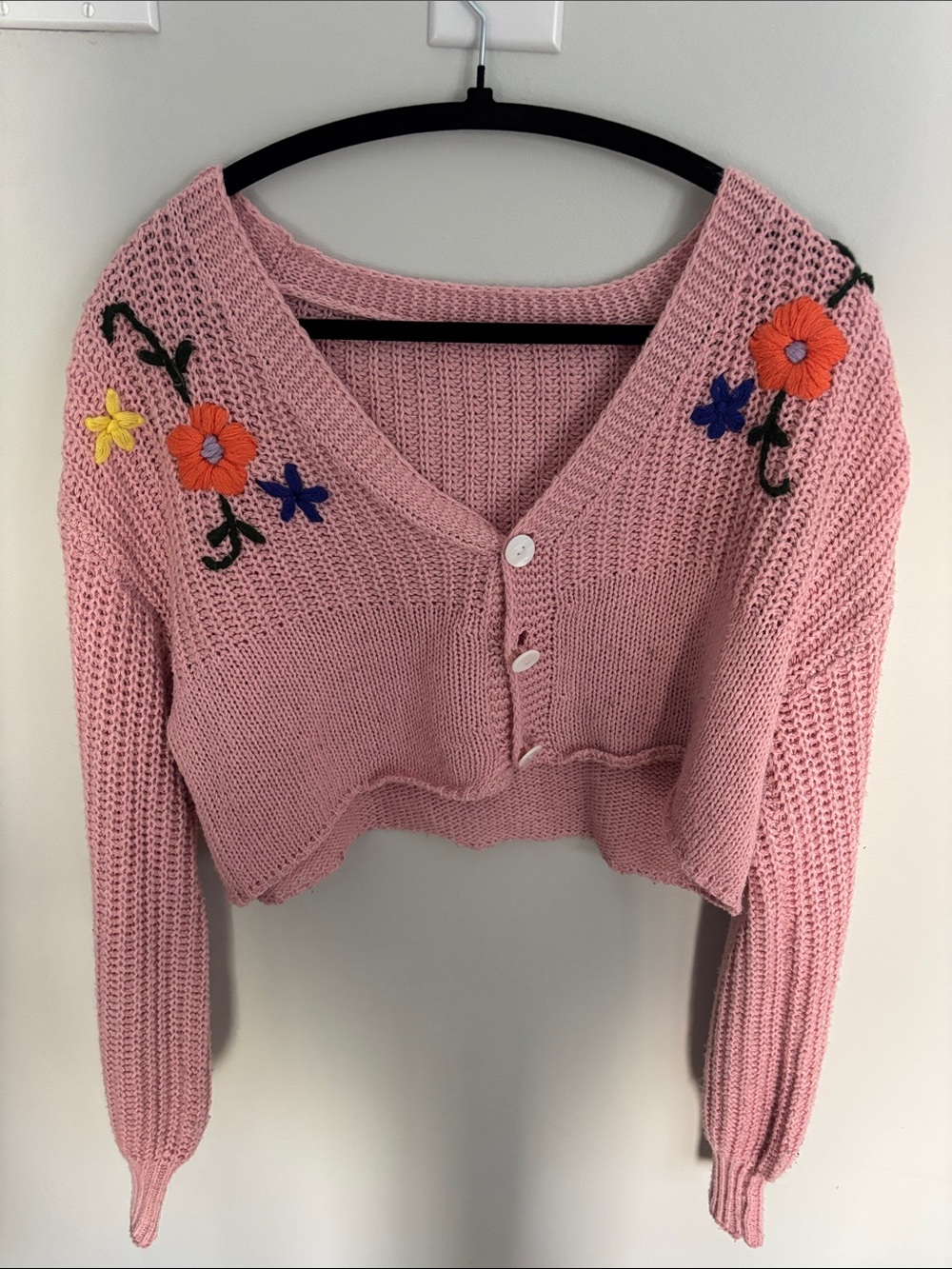 Pink Floral Embroidered V-Neck Cropped Sweater